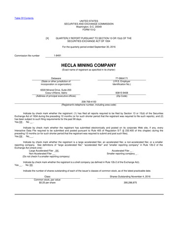 Thumbnail Hecla Mining
 10-Q Quarterly Report FY2016 