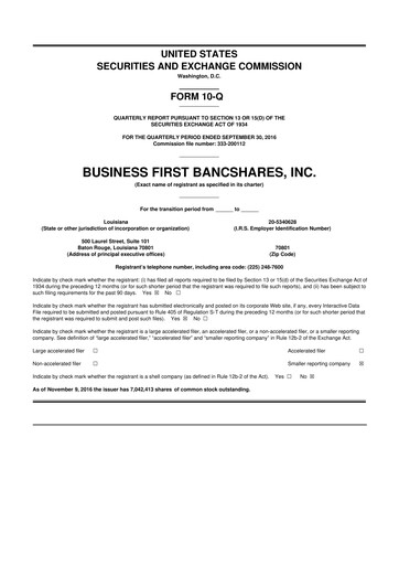 Miniature Business First Bancshares 10-Q Rapport trimestriel 2016 