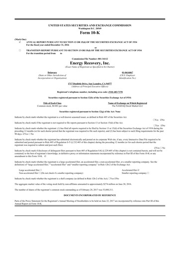 Thumbnail Energy Recovery
 10-K Annual Report 2016