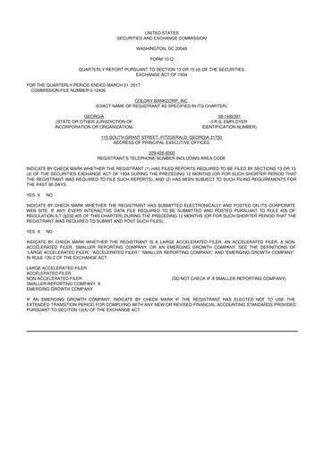 Thumbnail Colony Bankcorp 10-Q Quarterly Report FY2017 