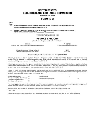 Miniature Plumas Bancorp 10-Q Rapport trimestriel 2017 