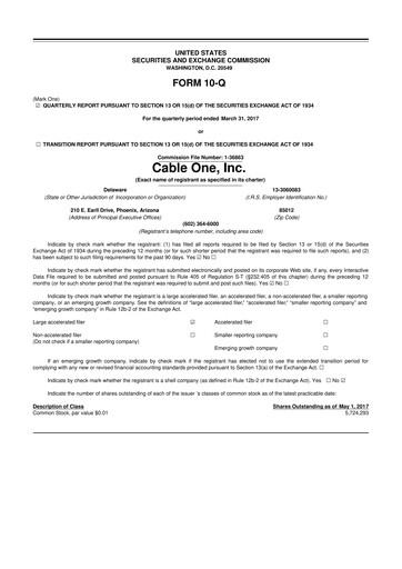 Thumbnail Cable One 10-Q Quarterly Report FY2017 