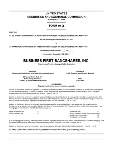 Miniature Business First Bancshares 10-Q Rapport trimestriel 2017 