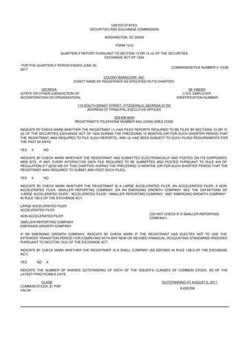 Thumbnail Colony Bankcorp 10-Q Quarterly Report FY2017 