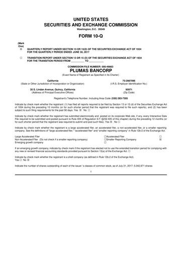 Miniature Plumas Bancorp 10-Q Rapport trimestriel 2017 