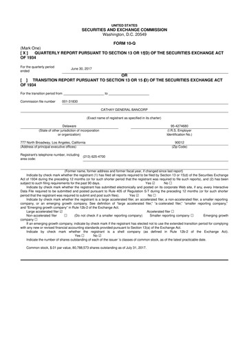 Thumbnail Cathay General Bancorp 10-Q Quarterly Report FY 