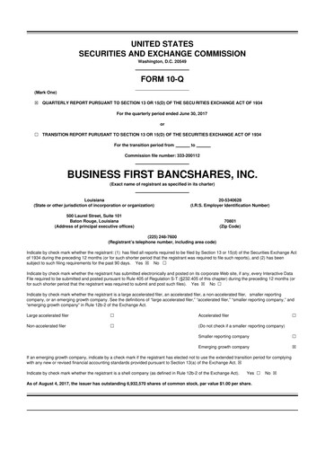 Miniature Business First Bancshares 10-Q Rapport trimestriel 2017 