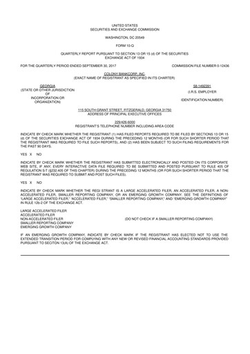 Thumbnail Colony Bankcorp 10-Q Quarterly Report FY2017 