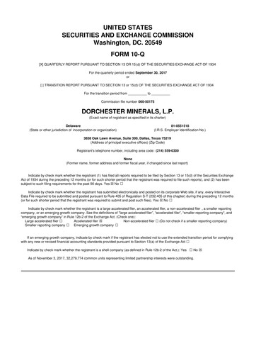 Miniature Dorchester Minerals 10-Q Rapport trimestriel 2017 