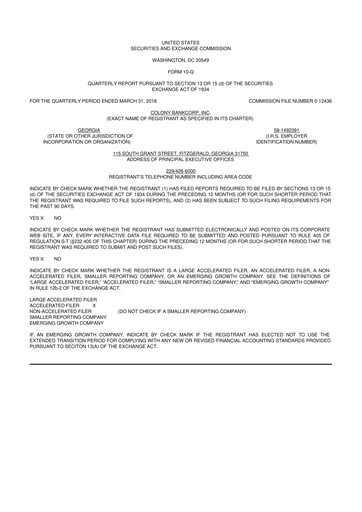 Thumbnail Colony Bankcorp 10-Q Quarterly Report FY2018 