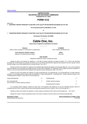 Thumbnail Cable One 10-Q Quarterly Report FY2018 