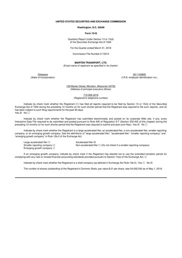 Thumbnail Marten Transport 10-Q Quarterly Report FY2018 