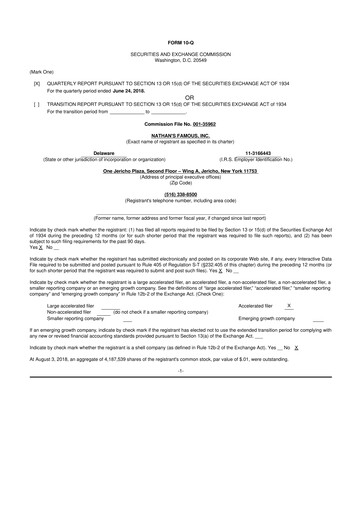 Miniature Nathan's Famous 10-Q Rapport trimestriel 2019 