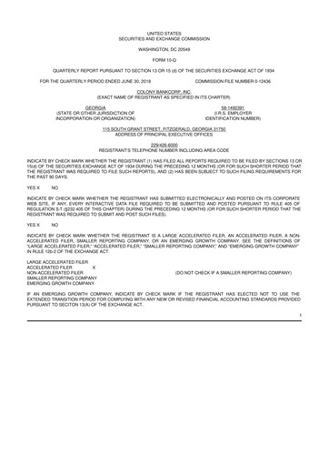 Thumbnail Colony Bankcorp 10-Q Quarterly Report FY2018 