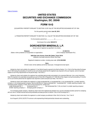 Miniature Dorchester Minerals 10-Q Rapport trimestriel 2018 