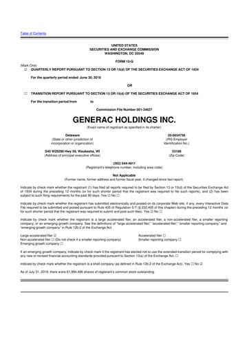 Vorschaubild Generac 10-Q Quartalsbericht 2018 