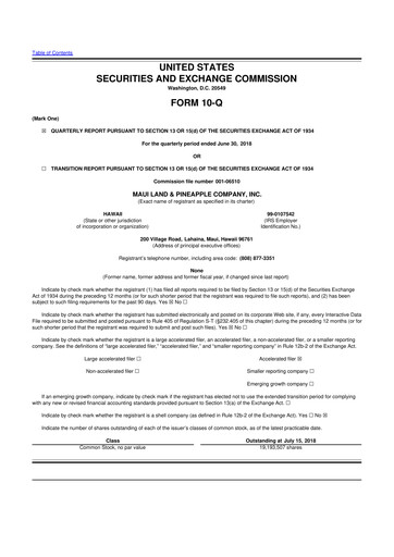 Thumbnail Maui Land & Pineapple Company 10-Q Quarterly Report FY2018 