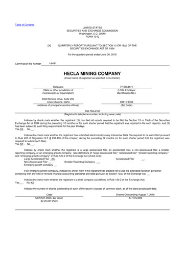 Thumbnail Hecla Mining
 10-Q Quarterly Report FY2018 