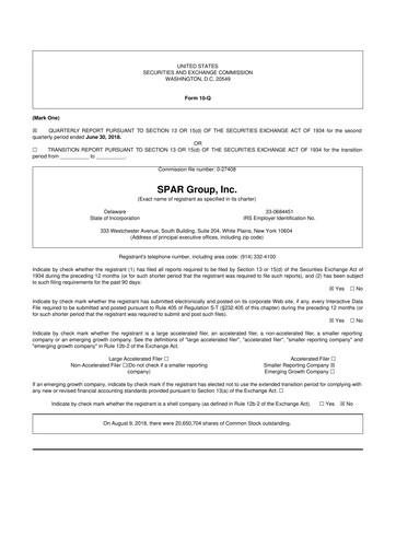 Thumbnail SPAR Group 10-Q Quarterly Report FY2018 