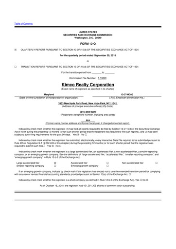 Thumbnail Kimco Realty
 10-Q Quarterly Report FY2018 