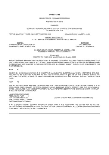 Thumbnail Colony Bankcorp 10-Q Quarterly Report FY2018 