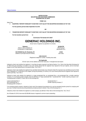 Vorschaubild Generac 10-Q Quartalsbericht 2018 