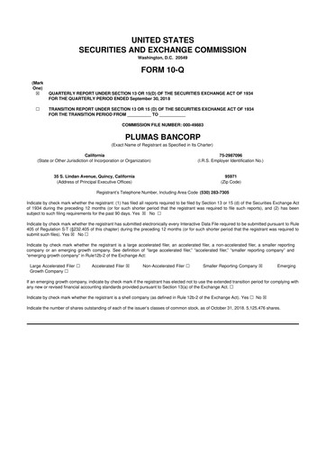 Miniature Plumas Bancorp 10-Q Rapport trimestriel 2018 