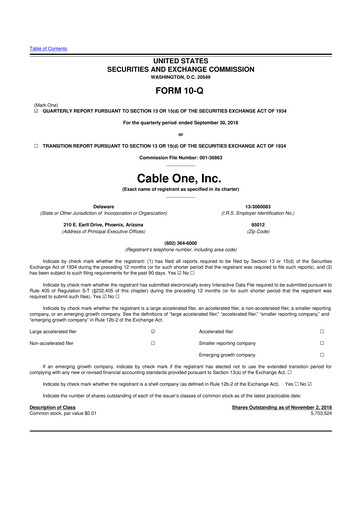 Thumbnail Cable One 10-Q Quarterly Report FY2018 