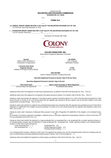 Thumbnail Colony Bankcorp 10-K Annual Report 2018
