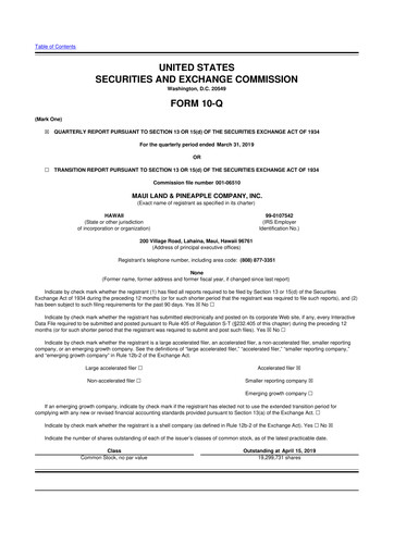 Thumbnail Maui Land & Pineapple Company 10-Q Quarterly Report FY2019 