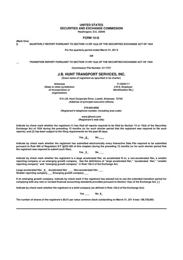 Thumbnail J. B. Hunt
 10-Q Quarterly Report FY2019 