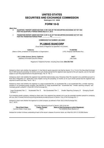 Miniature Plumas Bancorp 10-Q Rapport trimestriel 2019 