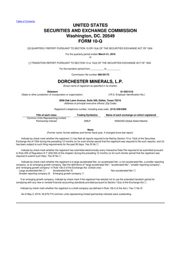 Miniature Dorchester Minerals 10-Q Rapport trimestriel 2019 