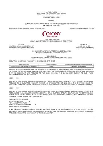 Thumbnail Colony Bankcorp 10-Q Quarterly Report FY2019 