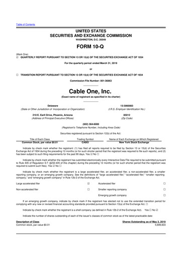 Thumbnail Cable One 10-Q Quarterly Report FY2019 
