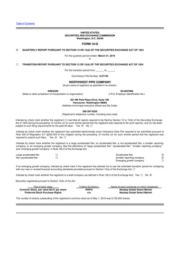 Miniature Northwest Pipe Company
 10-Q Rapport trimestriel 2019 