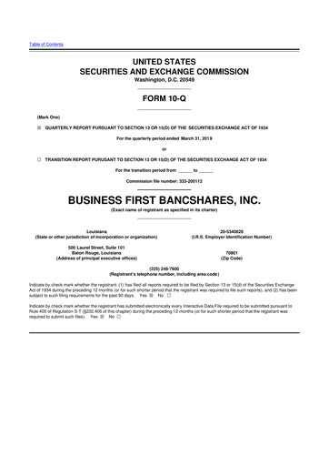 Miniature Business First Bancshares 10-Q Rapport trimestriel 2019 