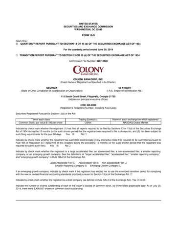 Thumbnail Colony Bankcorp 10-Q Quarterly Report FY2019 