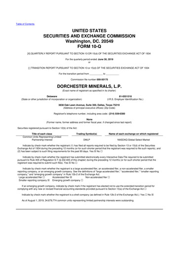 Miniature Dorchester Minerals 10-Q Rapport trimestriel 2019 