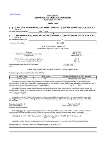Thumbnail Cathay General Bancorp 10-Q Quarterly Report FY 