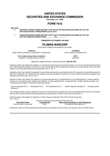 Miniature Plumas Bancorp 10-Q Rapport trimestriel 2019 