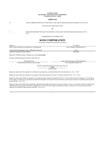 Thumbnail Koss 10-K Annual Report 2019