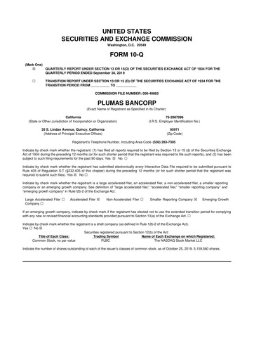 Miniature Plumas Bancorp 10-Q Rapport trimestriel 2019 