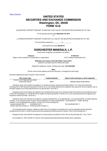 Miniature Dorchester Minerals 10-Q Rapport trimestriel 2019 