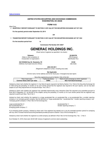 Vorschaubild Generac 10-Q Quartalsbericht 2019 