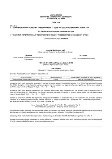 Thumbnail Colony Bankcorp 10-Q Quarterly Report FY2019 