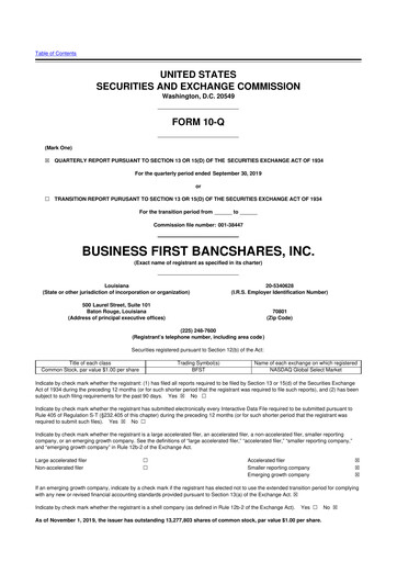 Miniature Business First Bancshares 10-Q Rapport trimestriel 2019 