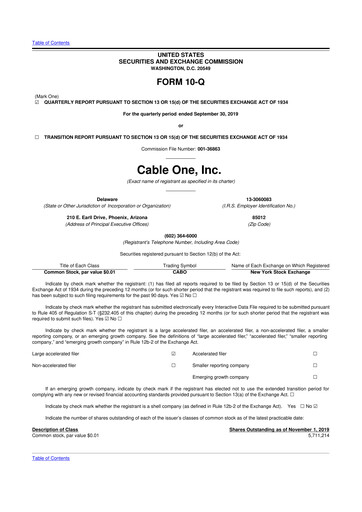 Thumbnail Cable One 10-Q Quarterly Report FY2019 