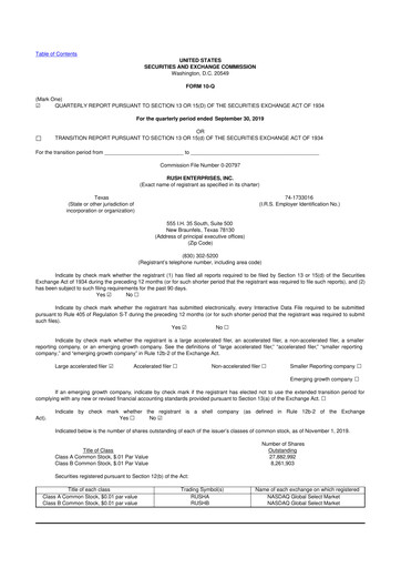 Thumbnail Rush Enterprises
 10-Q Quarterly Report FY2019 