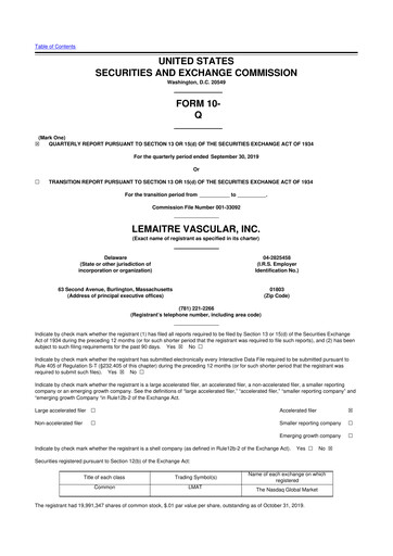 Miniature LeMaitre Vascular 10-Q Rapport trimestriel 2019 